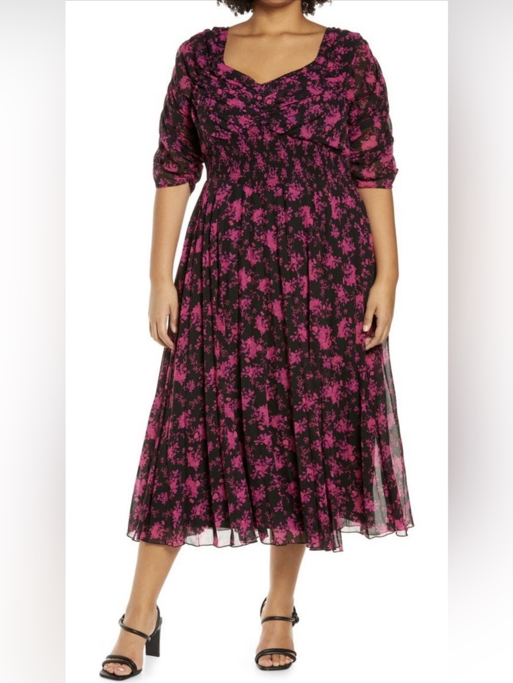 ASOS Design Floral Rushed Bodice Pleated Skirt Midi Dress Black Pink 22